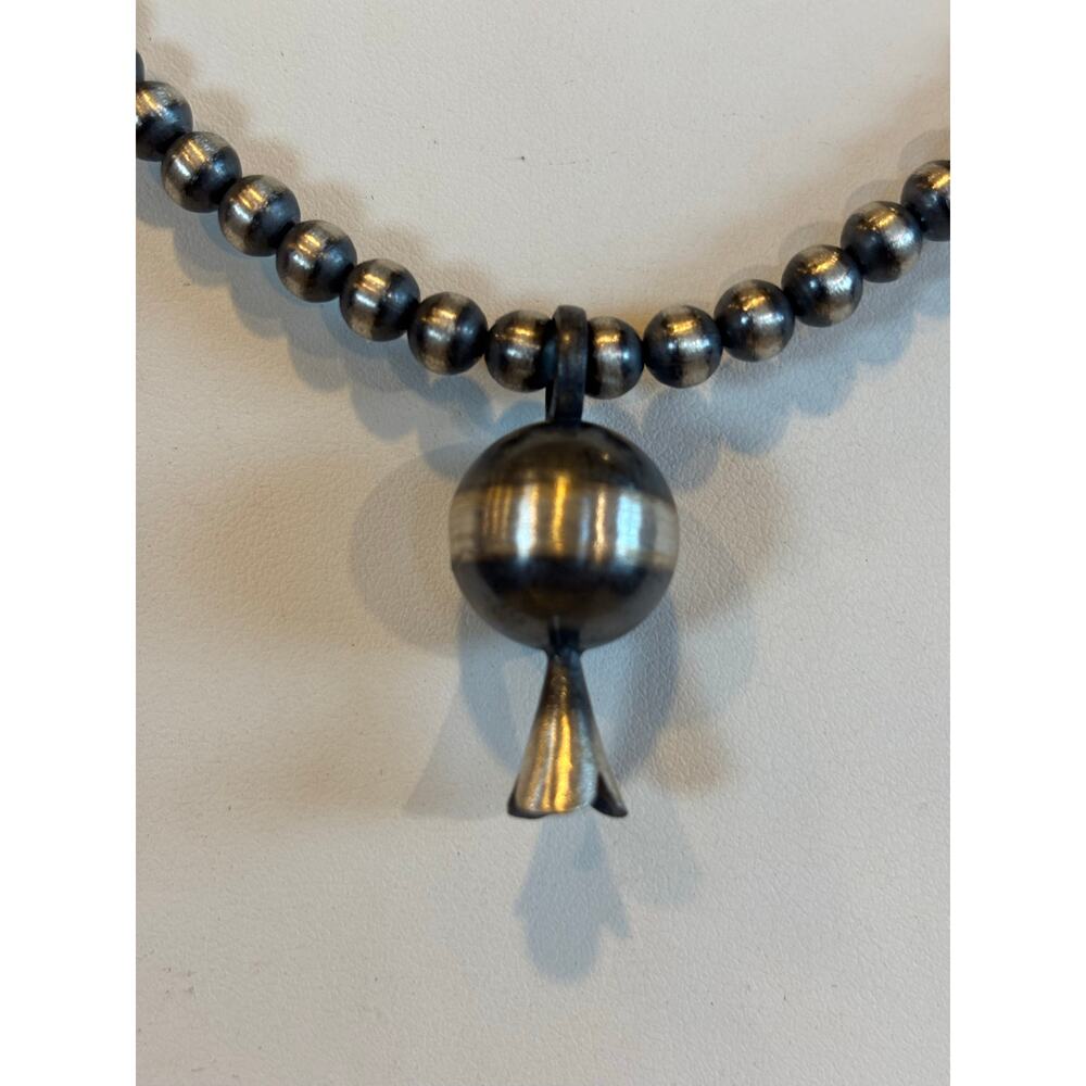 14mm Sterling Silver Squash Blossom Pendant on a 16" 4mm Pearl Bead Necklace